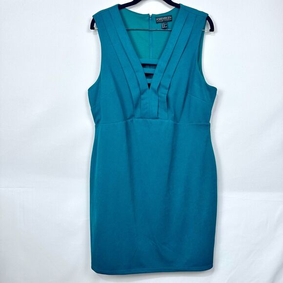 Forever 21 Plus Teal Sleeveless Plunging Cutout Neck Line Midi Sheath Dress 2X - Picture 1 of 3